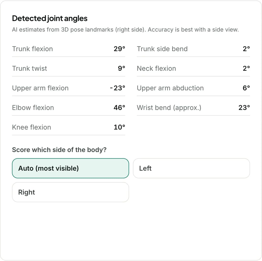 Detected joint angles panel: trunk flexion 29 degrees, elbow flexion 46 degrees, knee flexion 10 degrees